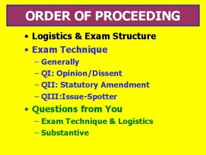 ORDER OF PROCEEDING Logistics Exam Structure Exam Technique