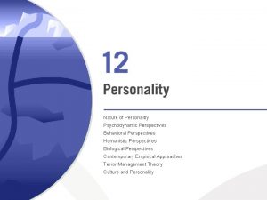 Nature of Personality Psychodynamic Perspectives Behavioral Perspectives Humanistic