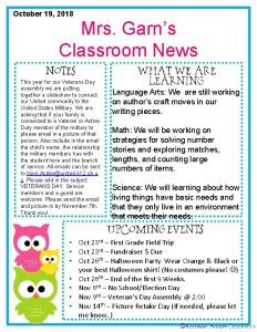October 19 2018 Mrs Garns Classroom News This