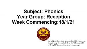 Subject Phonics Year Group Reception Week Commencing 18121