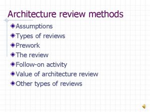 Architecture review methods Assumptions Types of reviews Prework