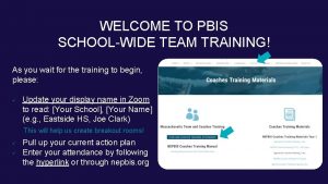 WELCOME TO PBIS SCHOOLWIDE TEAM TRAINING As you