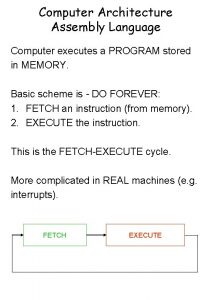 Computer Architecture Assembly Language Computer executes a PROGRAM