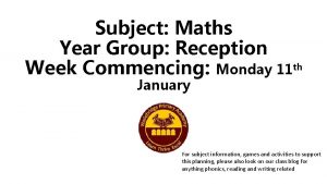 Subject Maths Year Group Reception Week Commencing Monday