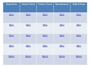 Drug Terms Alcohol Terms Tobacco Terms Miscellaneous Myth