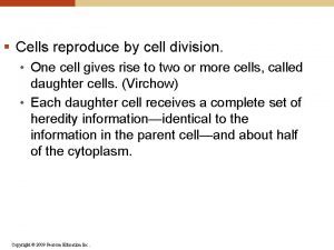 Cells reproduce by cell division One cell gives