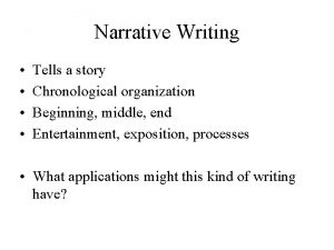 Narrative Writing Tells a story Chronological organization Beginning