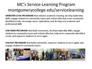 MCs ServiceLearning Program montgomerycollege eduservicelearning SEMESTERLONG PROGRAMS that