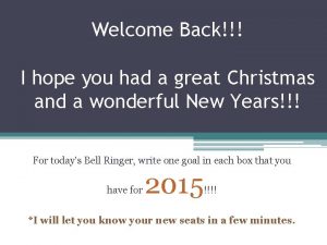 Welcome Back I hope you had a great Welcome Back I hope you had a great