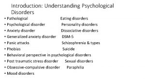 Introduction Understanding Psychological Disorders Pathological Eating disorders Psychological