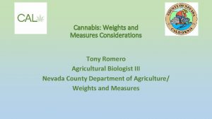 Cannabis Weights and Measures Considerations Tony Romero Agricultural