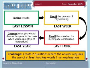 December 2021 Define recycle LAST LESSON Describe what