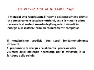 INTRODUZIONE AL METABOLISMO Il metabolismo rappresenta linsieme dei