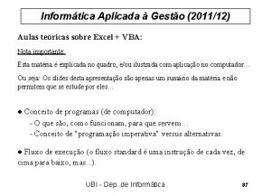 Informtica Aplicada Gesto 201112 Aulas tericas sobre Excel