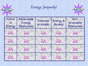 Energy Jeopardy Forms of Energy Renewable Energy Resources