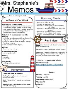 Mrs Stephanies Kindergarten Memos 706 468 4968 Week