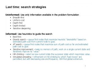 Last time search strategies Uninformed Use only information
