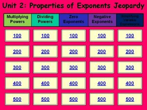 Unit 2 Properties of Exponents Jeopardy Multiplying Powers
