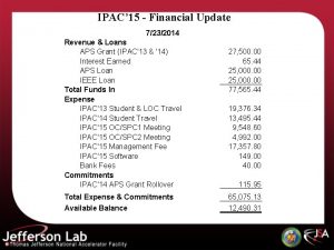 IPAC 15 Financial Update 7232014 Revenue Loans APS