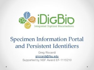 Specimen Information Portal and Persistent Identifiers Greg Riccardi