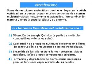 Metabolismo Suma de reacciones enzimticas que tienen lugar