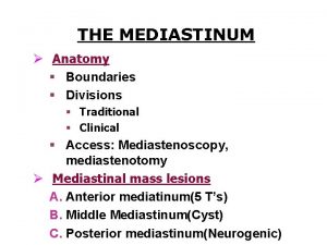 THE MEDIASTINUM Anatomy Boundaries Divisions Traditional Clinical Access