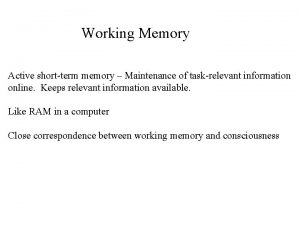 Working Memory Active shortterm memory Maintenance of taskrelevant