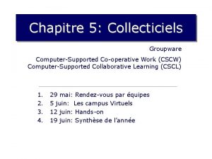 Chapitre 5 Collecticiels Groupware ComputerSupported Cooperative Work CSCW