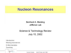 Nucleon Resonances Bernhard A Mecking Jefferson Lab Science