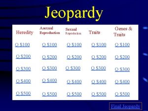 Jeopardy Heredity Asexual Reproduction Sexual Reproduction Traits Genes