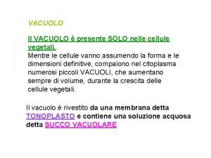 VACUOLO Il VACUOLO presente SOLO nelle cellule vegetali