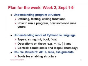 Plan for the week Week 2 Sept 1