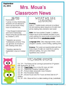 September 25 2015 Mrs Mouas Classroom News Reminders