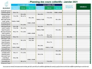 Planning des cours collectifs Janvier 2021 LES COURS