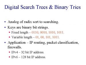 Digital Search Trees Binary Tries Analog of radix
