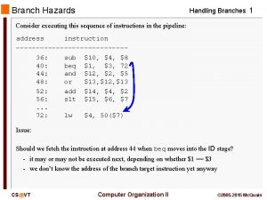 Branch Hazards Handling Branches 1 Consider executing this