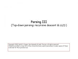 Parsing III Topdown parsing recursive descent LL1 Copyright