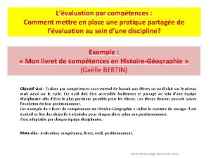 Lvaluation par comptences Comment mettre en place une