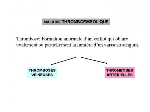 MALADIE THROMBOEMBOLIQUE Thrombose Formation anormale dun caillot qui