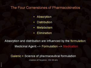 The Four Cornerstones of Pharmacokinetics Absorption Distribution Metabolism