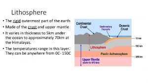 Lithosphere The rigid outermost part of the earth