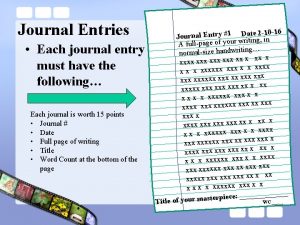 Journal Entries Each journal entry must have the