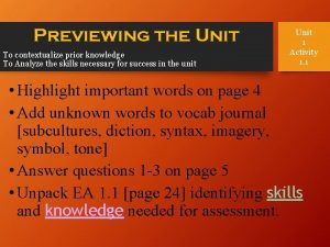 Previewing the Unit To contextualize prior knowledge To