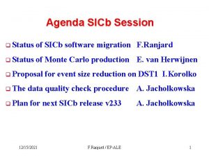 Agenda SICb Session q Status of SICb software