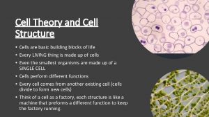 Cell Theory and Cell Structure Cells are basic