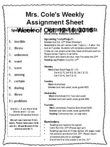 Mrs Coles Weekly Assignment Sheet Homework Assignments Spelling