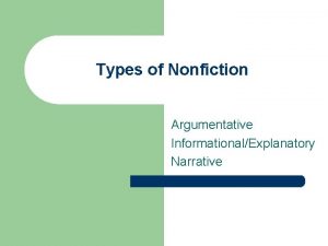 Types of Nonfiction Argumentative InformationalExplanatory Narrative Nonfiction Genre