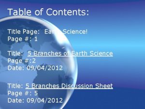 Table of Contents Title Page Earth Science Page