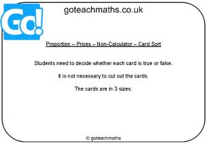 Proportion Prices NonCalculator Card Sort Students need to