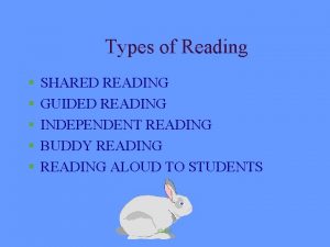 Types of Reading SHARED READING GUIDED READING INDEPENDENT